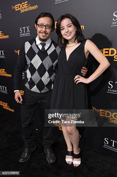 Actor Efren Ramirez and actress Katie Sarife attend a screening of 'The Edge of Seventeen' at Regal LA Live Stadium 14 on November 9, 2016 in Los...