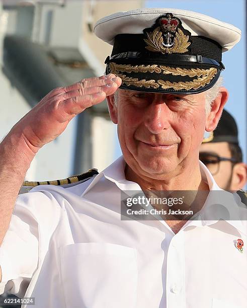 Prince Charles, Prince of Wales visits the Mina Salman Naval Support Facility on day 3 of a Royal tour of Bahrain on November 10, 2016 in Manama,...