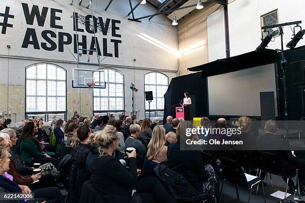 Crown Princess Mary of Denmark at the rostrum holds the opening speech at the The Mary Foundation conference for teachers about how to achieve...