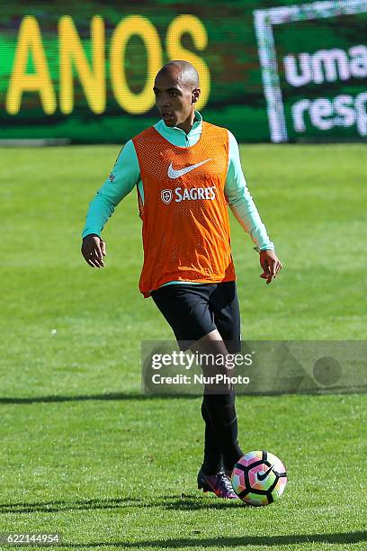 Portugals midfielder Joao Mario during Portugal's National Team Training session before the 2018 FIFA World Cup Qualifiers matches against Latvia at...