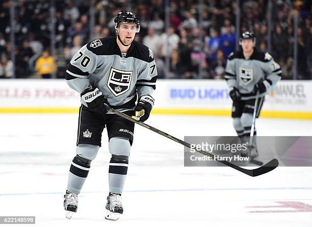 Tanner Pearson of the Los Angeles Kings skates in to forecheck against the Vancouver Canucks at Staples Center on October 22, 2016 in Los Angeles,...