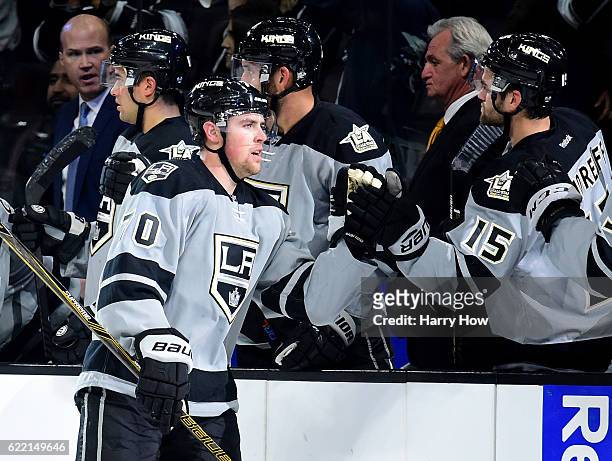 Tanner Pearson of the Los Angeles Kings celebrates his goal against the Vancouver Canucks at Staples Center on October 22, 2016 in Los Angeles,...