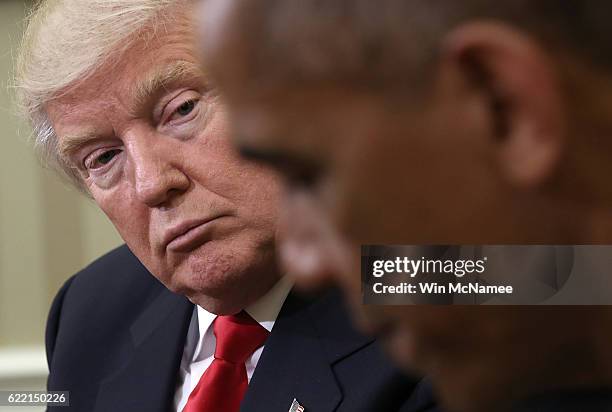 President Barack Obama speaks while meeting with President-elect Donald Trump following a meeting in the Oval Office November 10, 2016 in Washington,...