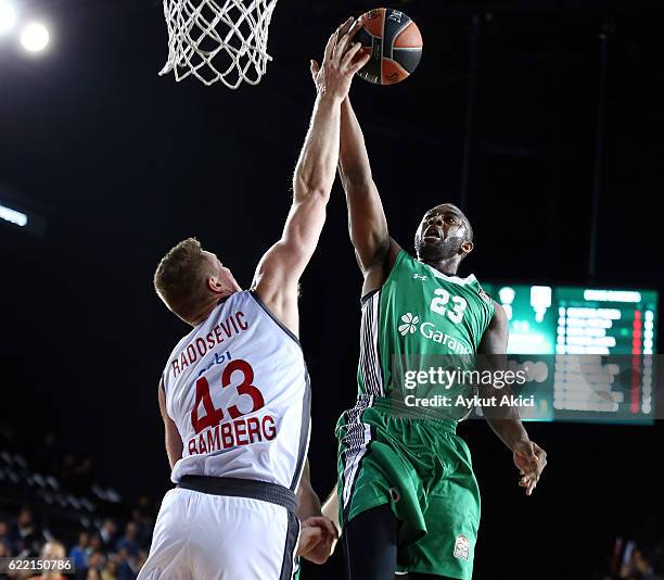 James Anderson, #23 of Darussafaka Dogus Istanbul competes with Leon Radosevic, #43 of Brose Bamberg during the 2016/2017 Turkish Airlines EuroLeague...