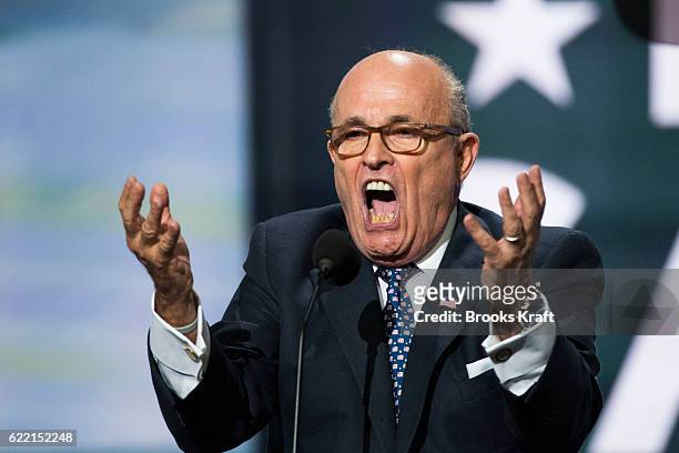 Former New York City Mayor Rudy Giuliani delivers a speech on the first day of the Republican National Convention on July 18, 2016 at the Quicken...