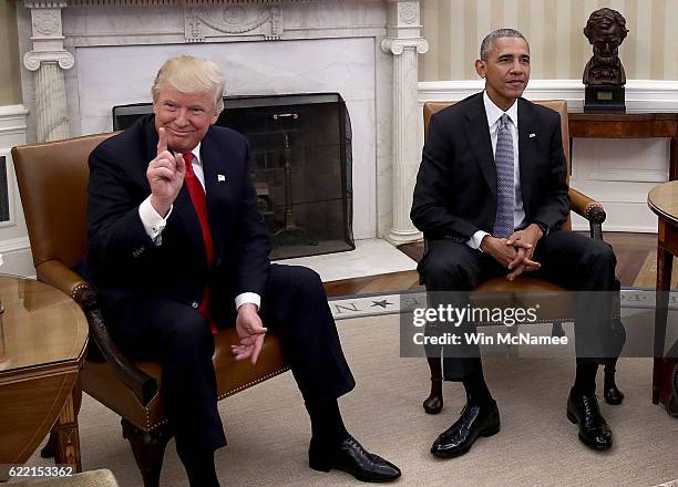 President-elect Donald Trump talks after a meeting with U.S. President Barack Obama in the Oval Office November 10, 2016 in Washington, DC. Trump is...