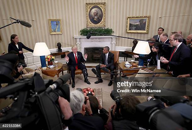 President-elect Donald Trump talks after a meeting with U.S. President Barack Obama in the Oval Office November 10, 2016 in Washington, DC. Trump is...