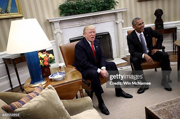 President-elect Donald Trump talks after a meeting with U.S. President Barack Obama in the Oval Office November 10, 2016 in Washington, DC. Trump is...