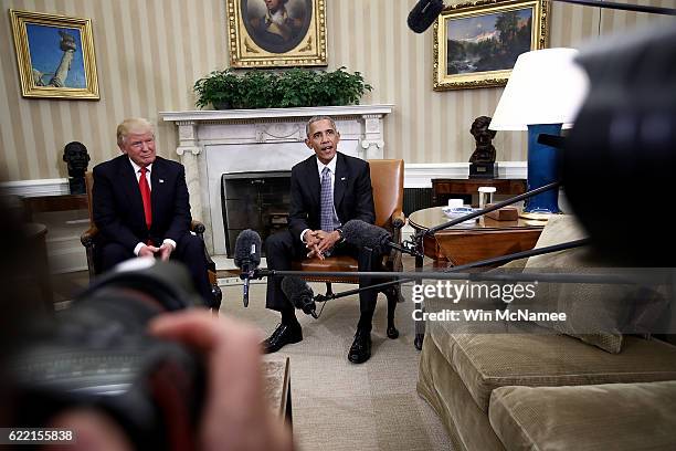 President Barack Obama speaks while meeting with President-elect Donald Trump following a meeting in the Oval Office November 10, 2016 in Washington,...