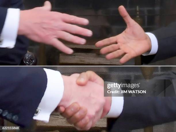 This combination of pictures created on November 10, 2016 shows US President Barack Obama shaking hands with Republican President-elect Donald Trump...