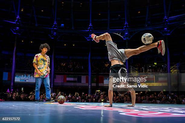 Carlos Alberto Iacono of Argentina competes during the finals of the freestyle football world championship Red Bull Street Style on November 06, 2016...