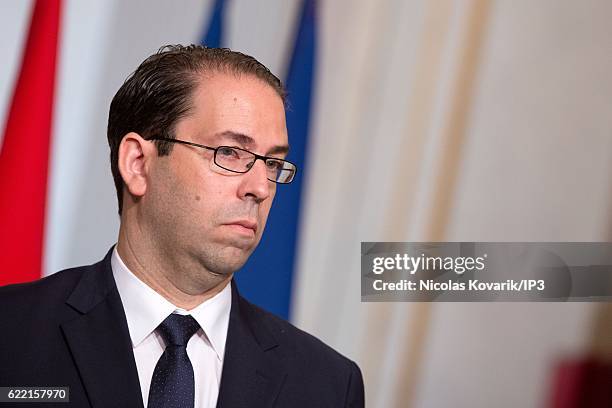 Tunisian Prime Minister Youssef Chahed, received by French President Francois Hollande , delivers a speech at the Elysee Palace on November 10, 2016...