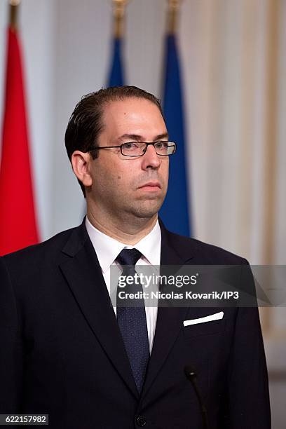 Tunisian Prime Minister Youssef Chahed, received by French President Francois Hollande , delivers a speech at the Elysee Palace on November 10, 2016...