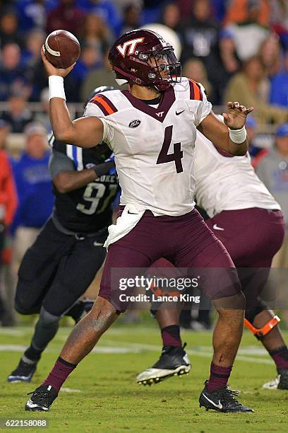 Jerod Evans of the Virginia Tech Hokies drops back to pass against the Duke Blue Devils at Wallace Wade Stadium on November 5, 2016 in Durham, North...