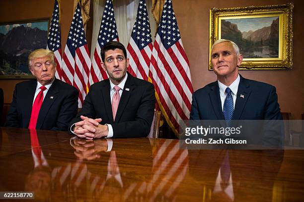 President-elect Donald Trump meets with House Speaker Paul Ryan and Vice President-elect Mike Pence at The Capitol Building on November 10, 2016 in...
