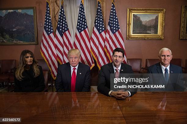 Melania Trump, US President-elect Donald Trump, House Speaker Paul Ryan and Vice President-elect Mike Pence meet at the US Capitol in Washington, DC,...