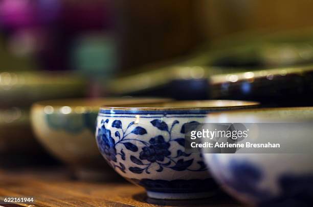 close-up of chinese porcelain bowls with selective focus - fine china stock pictures, royalty-free photos & images