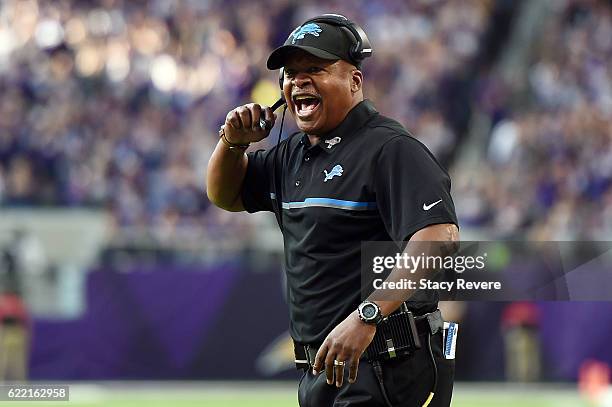 Head coach Jim Caldwell of the Detroit Lions reacts to an officials call during a game against the Minnesota Vikings at U.S. Bank Stadium on November...