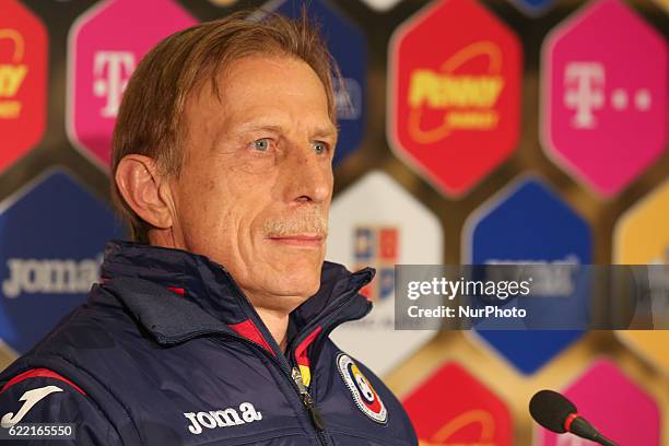 Cristoph Daum the head coach of Romania national football team during the press conference before the World Cup qualifying campaign 2018 game between...