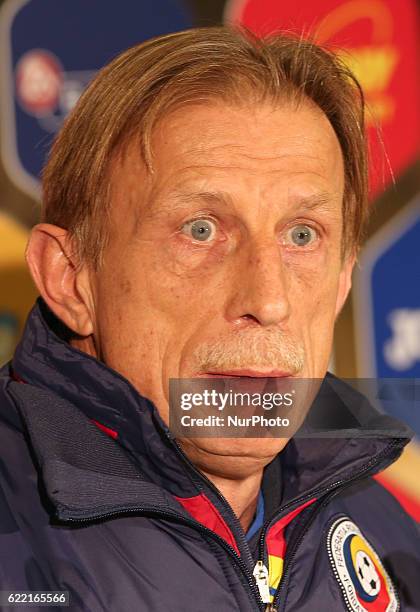 Cristoph Daum the head coach of Romania national football team during the press conference before the World Cup qualifying campaign 2018 game between...