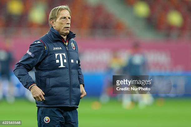 Cristoph Daum the head coach of Romania national football team during a training session before the World Cup qualifying campaign 2018 game between...