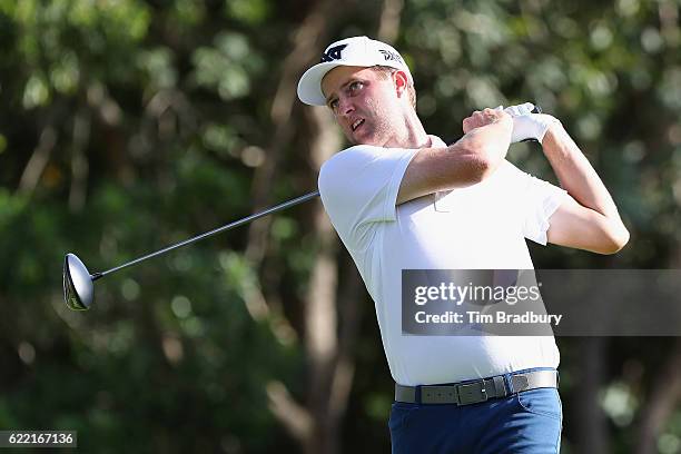 Chris Kirk of the United States plays his shot from the seventh tee during the first round of the OHL Classic at Mayakoba on November 10, 2016 in...