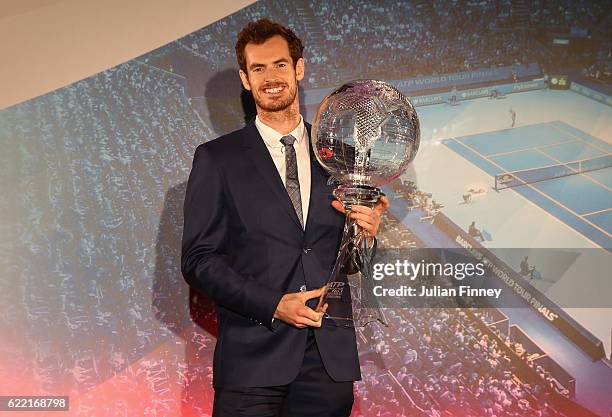 Andy Murray of Great Britain receives the World No.1 trophy on stage at Cutty Sark on November 10, 2016 in London, England.