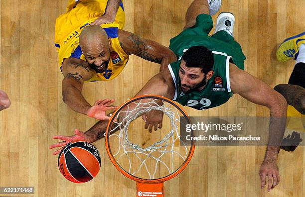 Devin Smith, #6 of Maccabi Fox Tel Aviv competes with Ioannis Bourousis, #29 of Panathinaikos Superfoods Athens during the 2016/2017 Turkish Airlines...