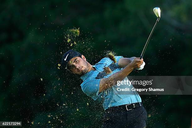 Abraham Ancer of Mexico plays his shot from the 17th fairway during the first round of the OHL Classic at Mayakoba on November 10, 2016 in Playa del...