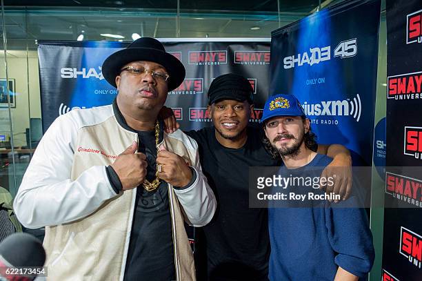 Rapper E-40 with DJ Sway Calloway and actor Shia LaBeouf during the Morning' on Eminem's Shade 45 at SiriusXM Studio on November 10, 2016 in New York...