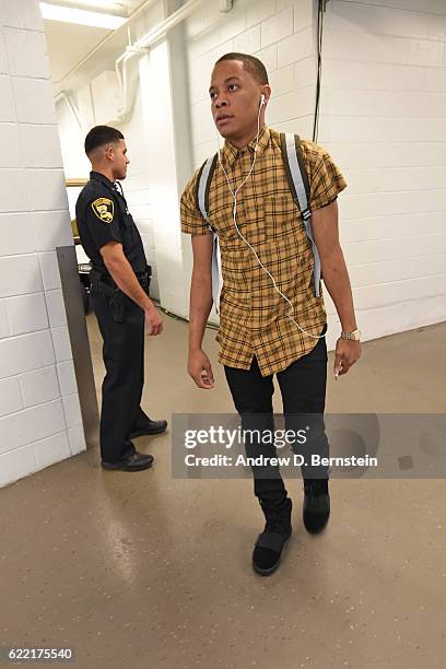 Tim Frazier of the New Orleans Pelicans arrives prior to the game against the Golden State Warriors at Smoothie King Center on October 28, 2016 in...