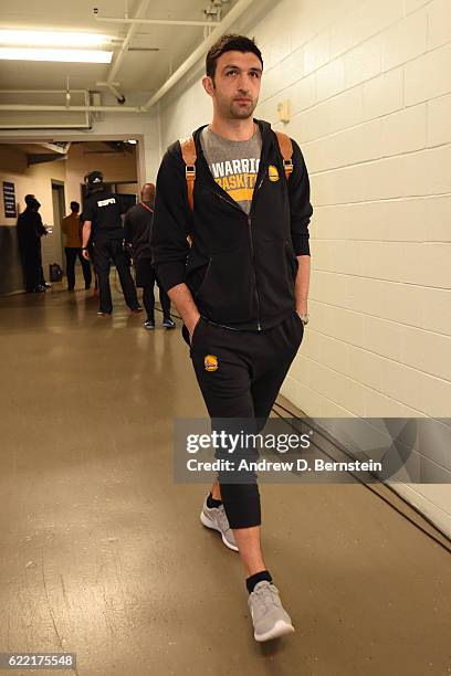Zaza Pachulia of the Golden State Warriors arrives prior to the game against the New Orleans Pelicans at Smoothie King Center on October 28, 2016 in...