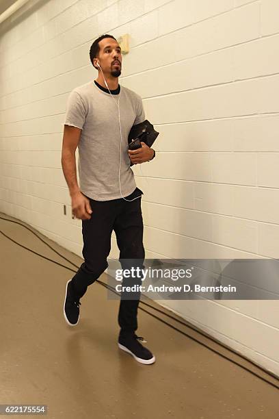 Shaun Livingston of the Golden State Warriors arrives prior to a game against the New Orleans Pelicans at Smoothie King Center on October 28, 2016 in...