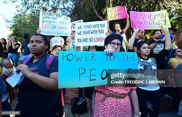 University of California Loas Angeles students march through campus on November 10, 2016 in Los Angeles, California, during a "Love Trumps Hate"...