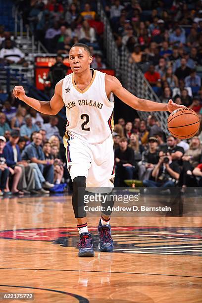 Tim Frazier of the New Orleans Pelicans handles the ball during a game against the Golden State Warriors at Smoothie King Center on October 28, 2016...