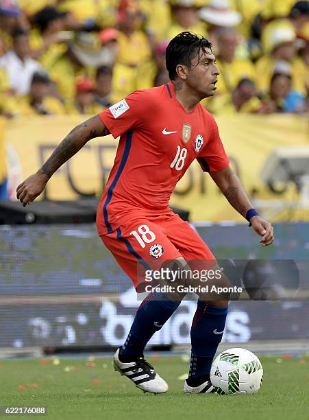 Gonzalo Jara of Chile drives the ball during a match between Colombia and Chile as part of FIFA 2018 World Cup Qualifiers at Metropolitano Roberto...