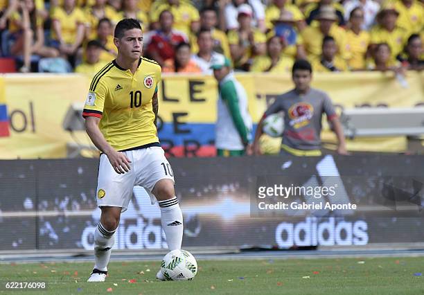 James Rodriguez of Colombia controls the ball during a match between Colombia and Chile as part of FIFA 2018 World Cup Qualifiers at Metropolitano...