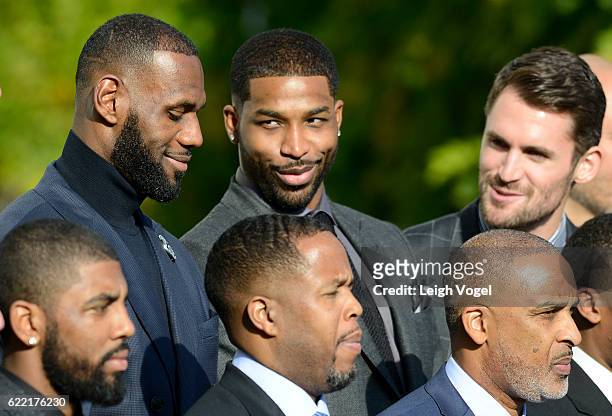 Tristan Thompson and Kevin Love speak to LeBron James as President Obama welcomes the 2016 NBA Champions Cleveland Cavaliers to The White House on...