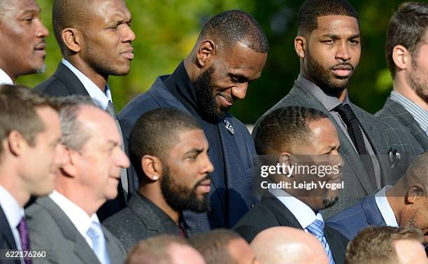 LeBron James smiles as President Obama welcomes the 2016 NBA Champions Cleveland Cavaliers to The White House on November 10, 2016 in Washington, DC.