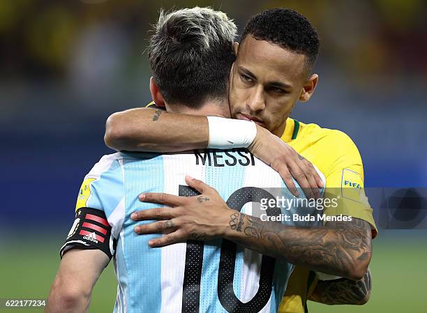 Neymar of Brazil greets Lionel Messi of Argentina during a match between Brazil and Argentina as part of 2018 FIFA World Cup Russia Qualifier at...