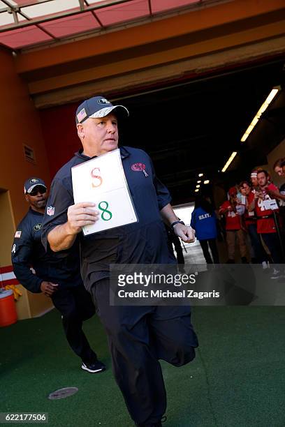 Head Coach Chip Kelly of the San Francisco 49ers takes the field prior to the game against the New Orleans Saints at Levi Stadium on November 6, 2016...