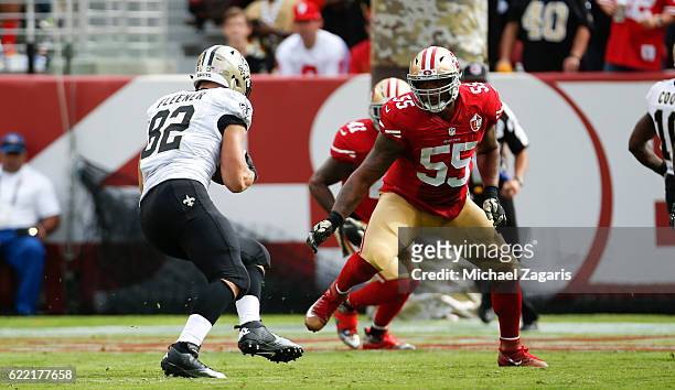 Ahmad Brooks of the San Francisco 49ers eyes Coby Fleener of the New Orleans Saints during the game at Levi Stadium on November 6, 2016 in Santa...