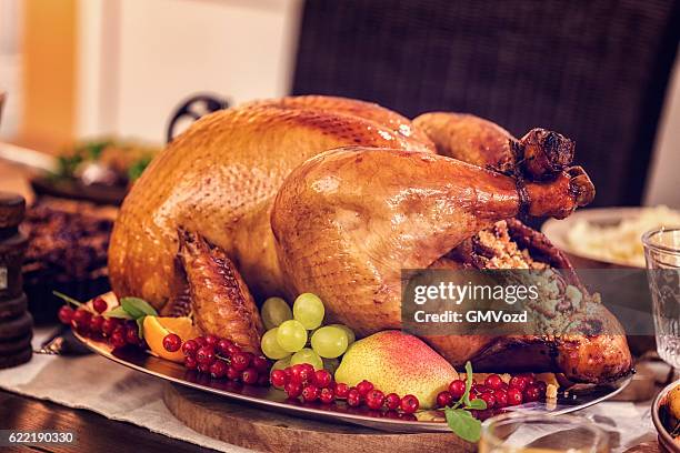 stuffed turkey and pumpkin pie - roast turkey stock pictures, royalty-free photos & images