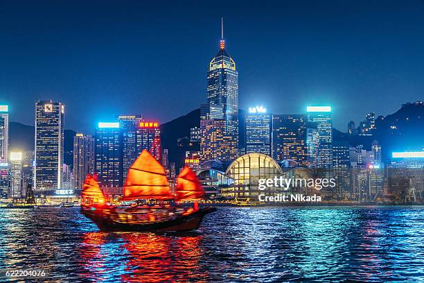 cityscape hong kong and junkboat at twilight - boat top view stockfoto's en -beelden