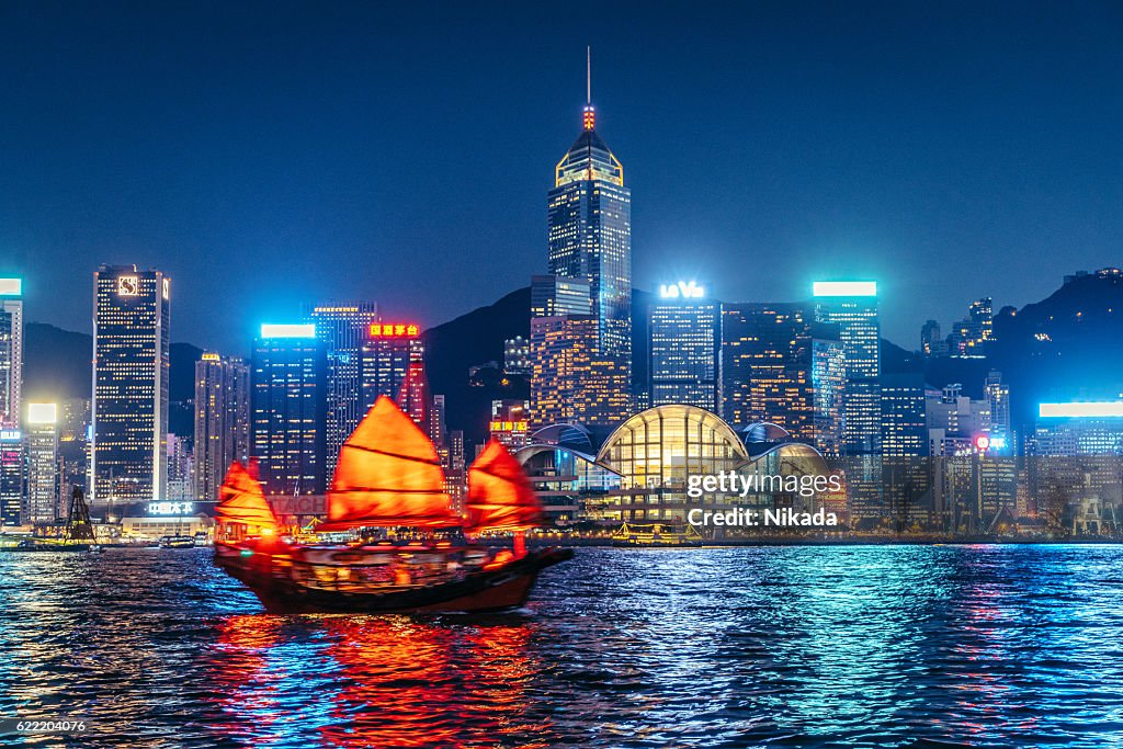 Cityscape Hong Kong and Junkboat at Twilight