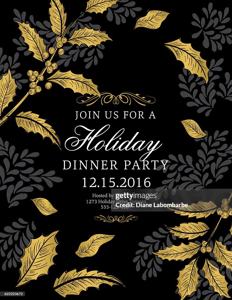 Botanical Christmas Poinsettia Party Invitation - Black and Gold