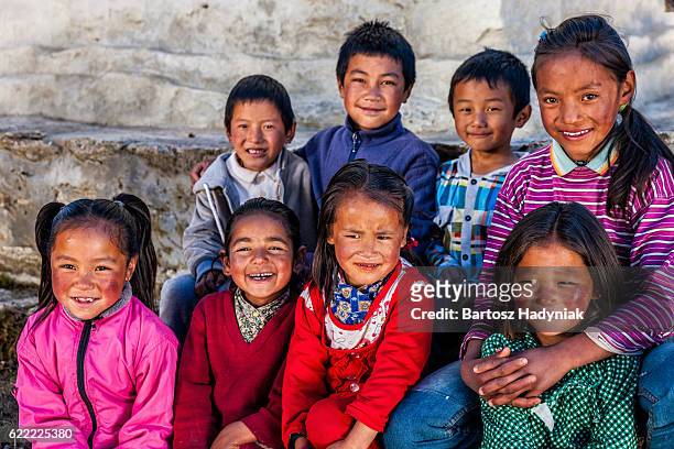 group happy sherpa children in everest region - nepal children stock pictures, royalty-free photos & images