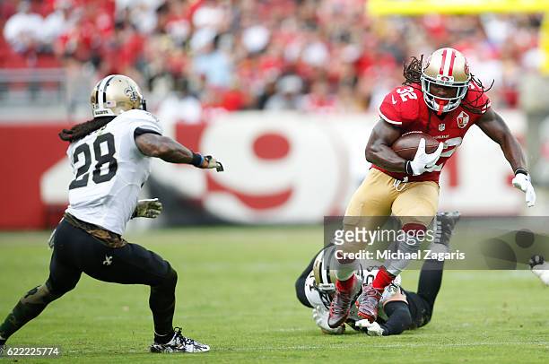 DuJuan Harris of the San Francisco 49ers rushes during the game against the New Orleans Saints at Levi Stadium on November 6, 2016 in Santa Clara,...