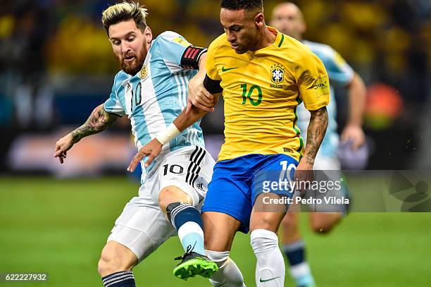 Neymar of Brazil and Messi of Argentina battle for the ball during a match between Brazil and Argentina as part 2018 FIFA World Cup Russia Qualifier...