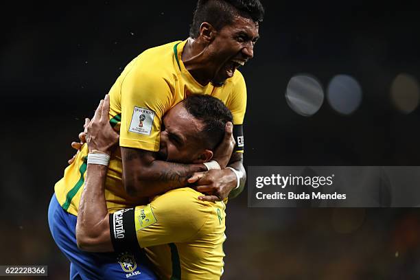 Paulinho and Renato Augusto of Brazil celebrate a scored goal during a match between Brazil and Argentina as part of 2018 FIFA World Cup Russia...